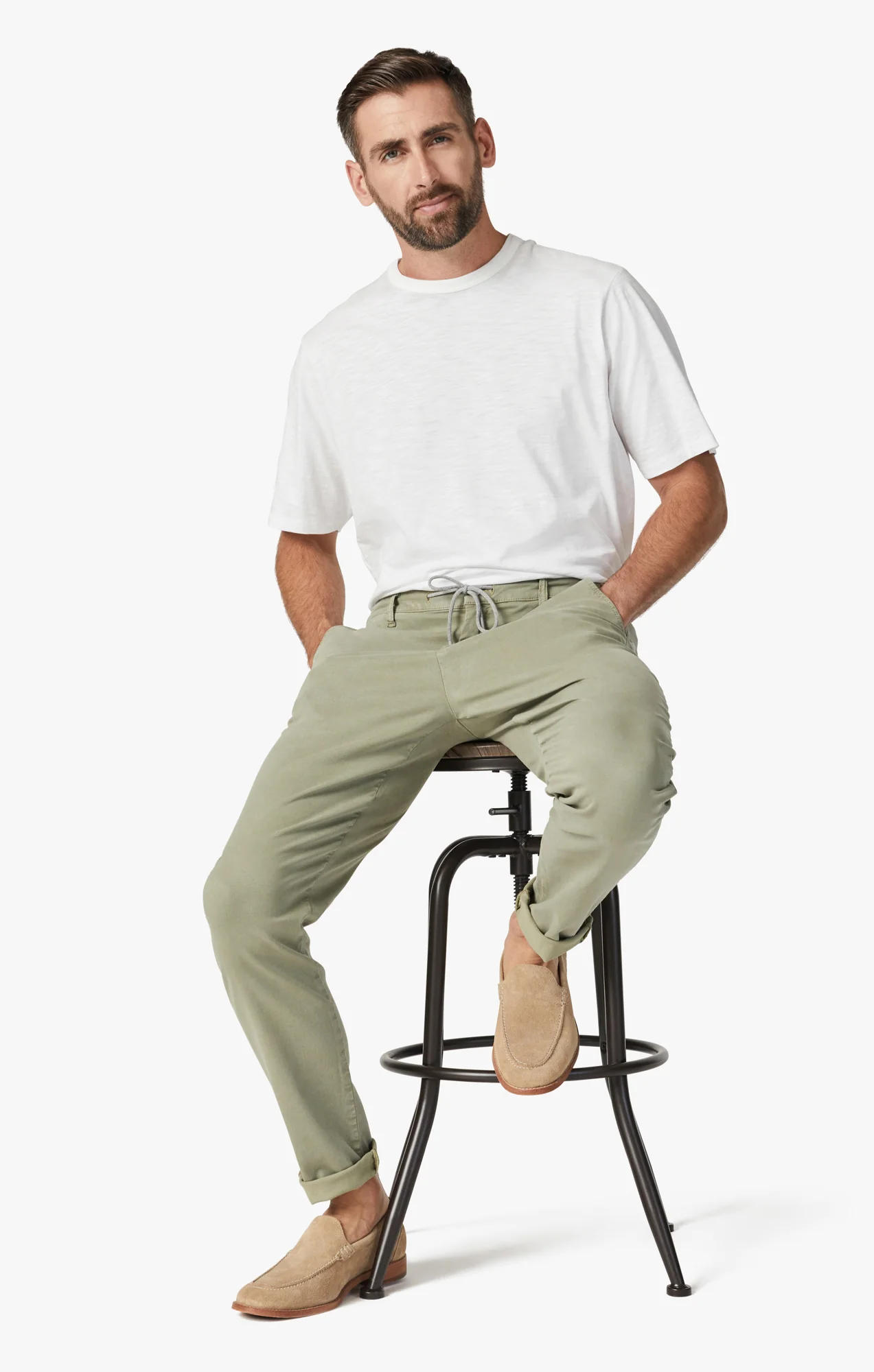 Formia Drawstring Chino Pants In Moss Green Soft Touch - Image 6